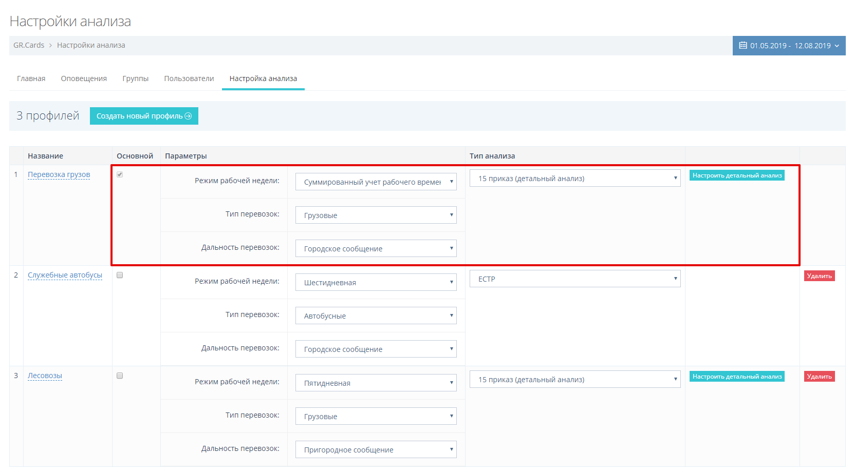 Тут вы можете выставить параметры в соответствии с графиком и спецификой работы водителей.